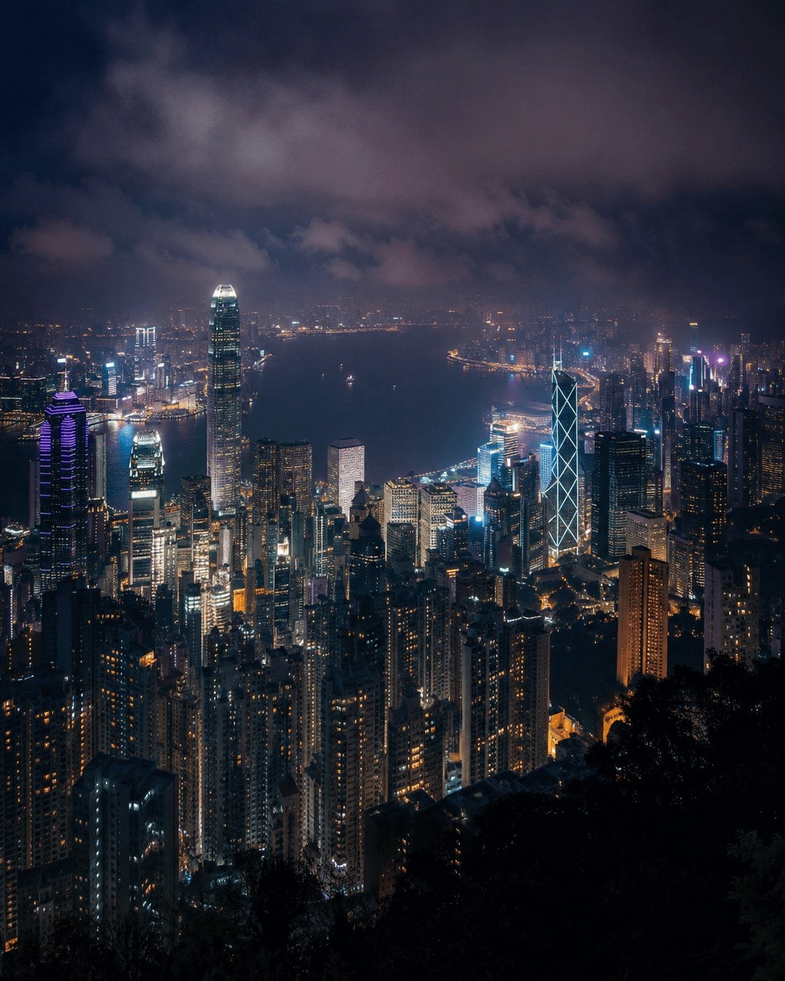 Hong Kong harbour and its illuminated skyline