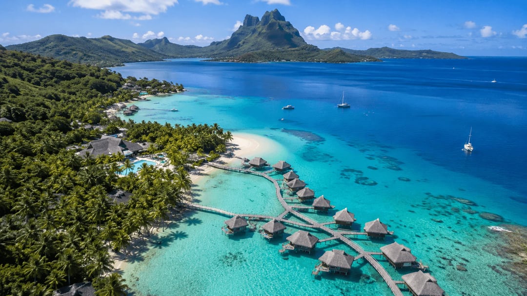 Bora Bora lagoon, mountain and overwater villas
