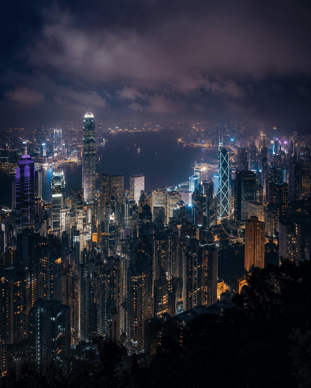 Hong Kong harbour and its illuminated skyline