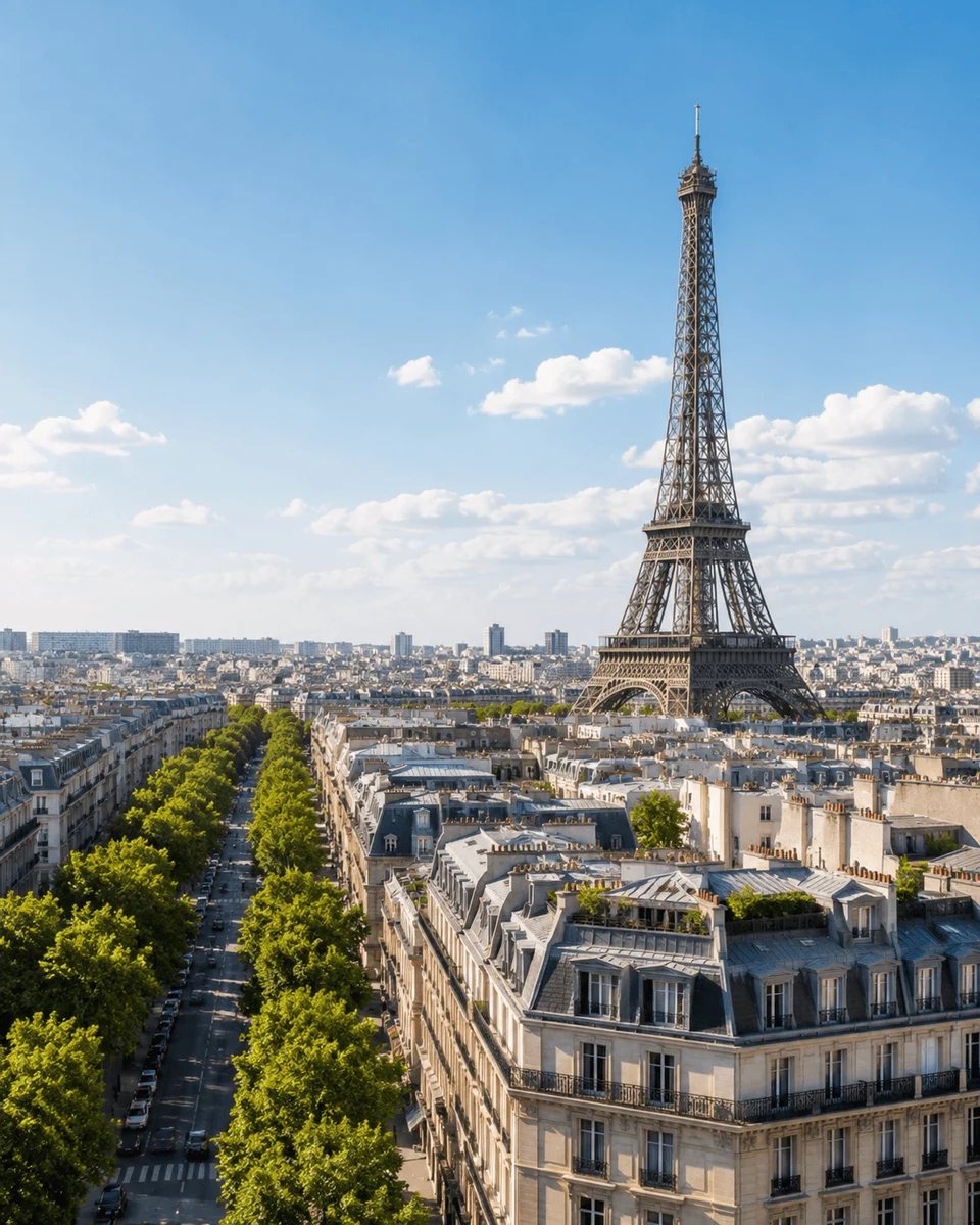 Paris seen across the rooftops in warm evening light